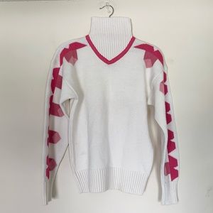 David Meister | Vintage Wool Blend Turtleneck Sweater in White and Pink 80s Ski